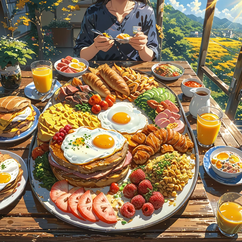 eating breakfast, good scenery, beautiful sunshine, best food, anime style, masterpiece, UHD, accurate, high quality, high details, super detail, award winning, best quality, 16, 5 fingers, best hands