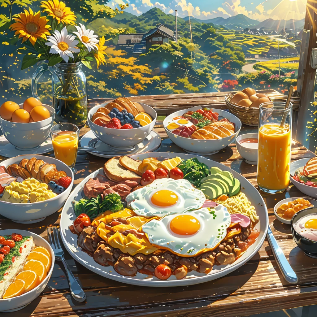 eating breakfast, good scenery, beautiful sunshine, best food, anime style, masterpiece, UHD, accurate, high quality, high details, super detail, award winning, best quality, 16, 5 fingers, best hands