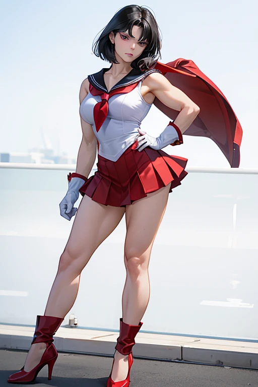 A muscular mature woman with short black hair dressed as Sailor Mars, wearing red high heels and white gloves, posing with a troubled expression at the Comiket venue