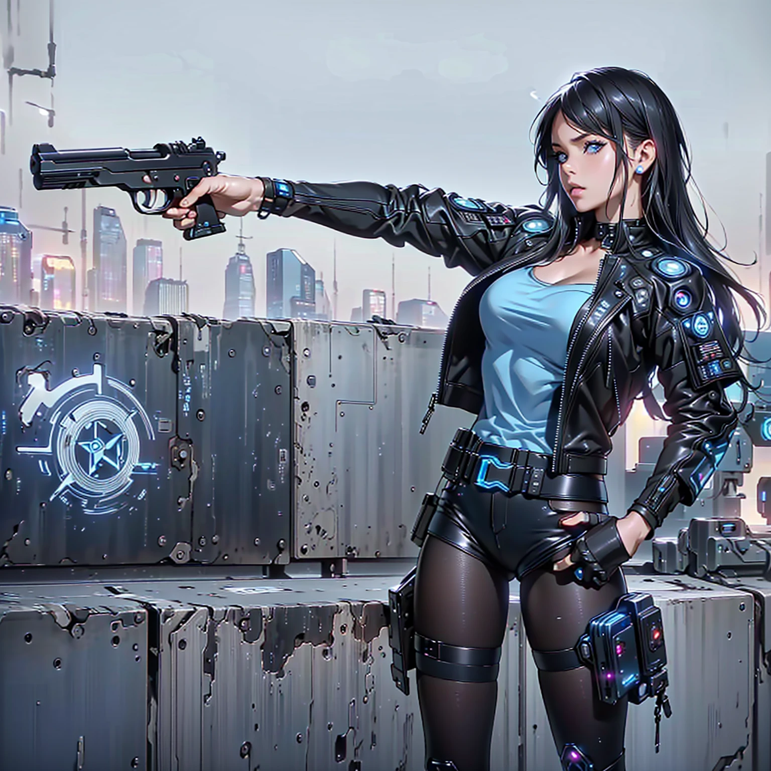 (Hold the gun., blue eyes , short skirt,raw photos, best quality, skill:1.2), (realistically, realistic:1.37),(,cute,professional lighting, Photon mapping, Tee, Physical rendering , cosplay, lucy \(cyberpunk\), ,, gray eyes, tight black suit, เมืองcyberpunk, black shorts, , neon light, sexy, smoke, looking up at the viewer,, High resolution in 8ก, 8ก, CG wallpaper, realistically, clear background, Medium bust, body,
