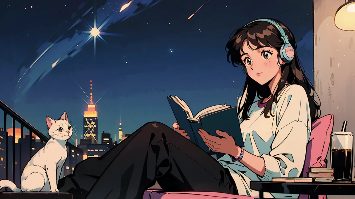 Highest quality, 8k, 1990s style,Hairstyles of the 2010s, 21 year old girl, Black Hair, Long Hair, Light brown eyes, City Pop, pants ,Night view, Wear headphones,Reading a book, whole body,  Relax Coffee,table,making,look at me, White cat，Glittering starry sky
