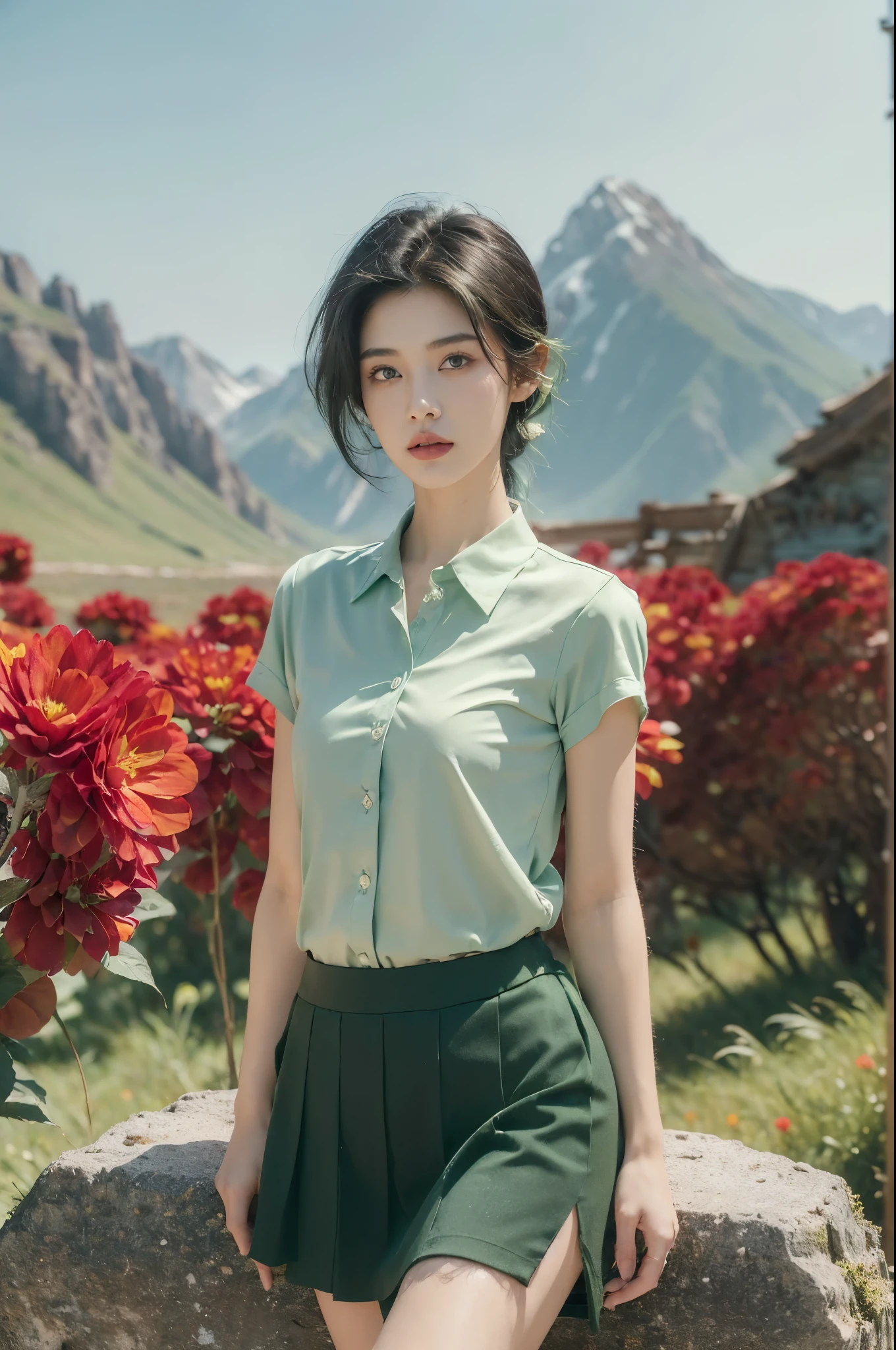 (((best quality))),(((ultra detailed))),(((masterpiece))),illustration,((1 beautiful girl,tomboy,solo)),(short black hair:1.3),((slim,thin)),((small breasts,thin)), vigorous, confident, (light green collared short-sleeved shirt:1.3), (dark green skirt:1.2),(slender legs:1.2),(standing:1.3),simplicity, robustness, strong features, (Abandoned Gobi Scene:1.3),(Rock surface:1.2),glowing eyes, rebellious, sensible, (mountainous landscape:1.3), (beside a vibrant red flower:1.3),elegance, unyielding spirit, youthful beauty, strength, resilience, adversity, challenges,((from front,upper body))