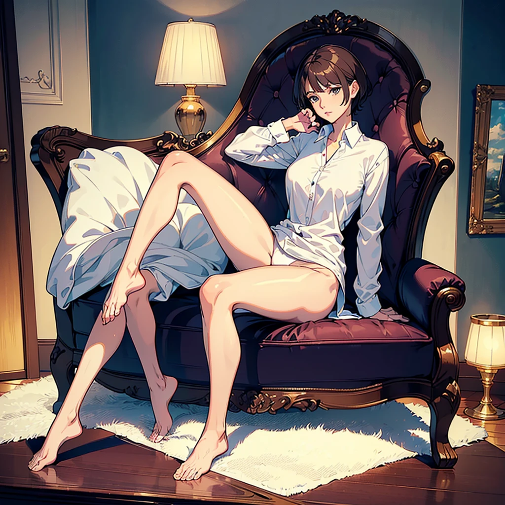 masterpiece,(Perfect Anatomy:1.5), pov , highest quality, (a lady:1.5), slender, leggy, Seductive, short hair, brown hair, (wear a white long sleeved shirt:1.5), white bikini panties , Perfect hands, Perfect body, reclining, lying on a sofa, throw her legs over the sofa, leg up , shirt lift, (barefoot), looking away, ((Exquisite detail)), Very finely crafted fingers(((10 fingers))), (((two legs))), (full body showcase), (Show your whole body), (no background), (No logo) , high resolution, see her private part , telephoto lens, parted lips,