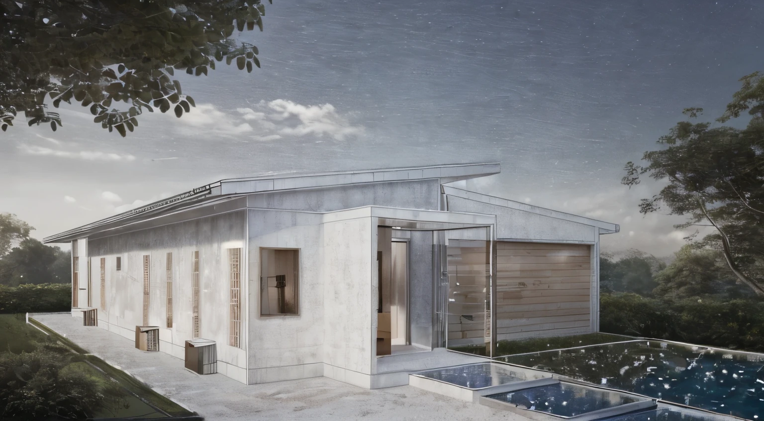 (masterpiece),(high quality), best quality, real,(realistic), super detailed,(full detail),(4k),8k,modern house exterior design,Modern architecture,Beautiful_sky,Day_light, no_humans, outdoors,sky,Tropical_trees,Garden_flower_front_of_building,