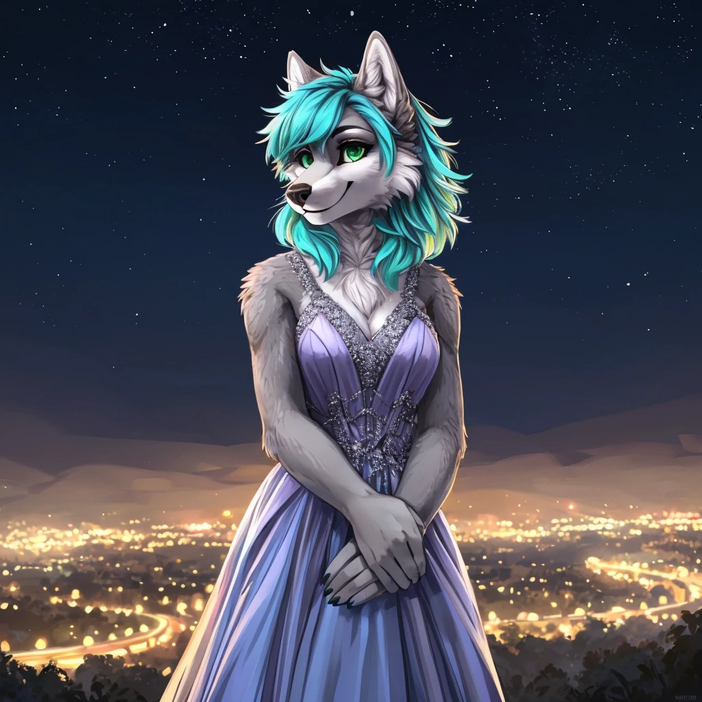 a close-up of an anthropomorphic grey wolf lady, dressed with a fancy dress, her arms are behind her dress, she has short cyan colored hair and green eyes, closed smile, high quality furry art, night background.