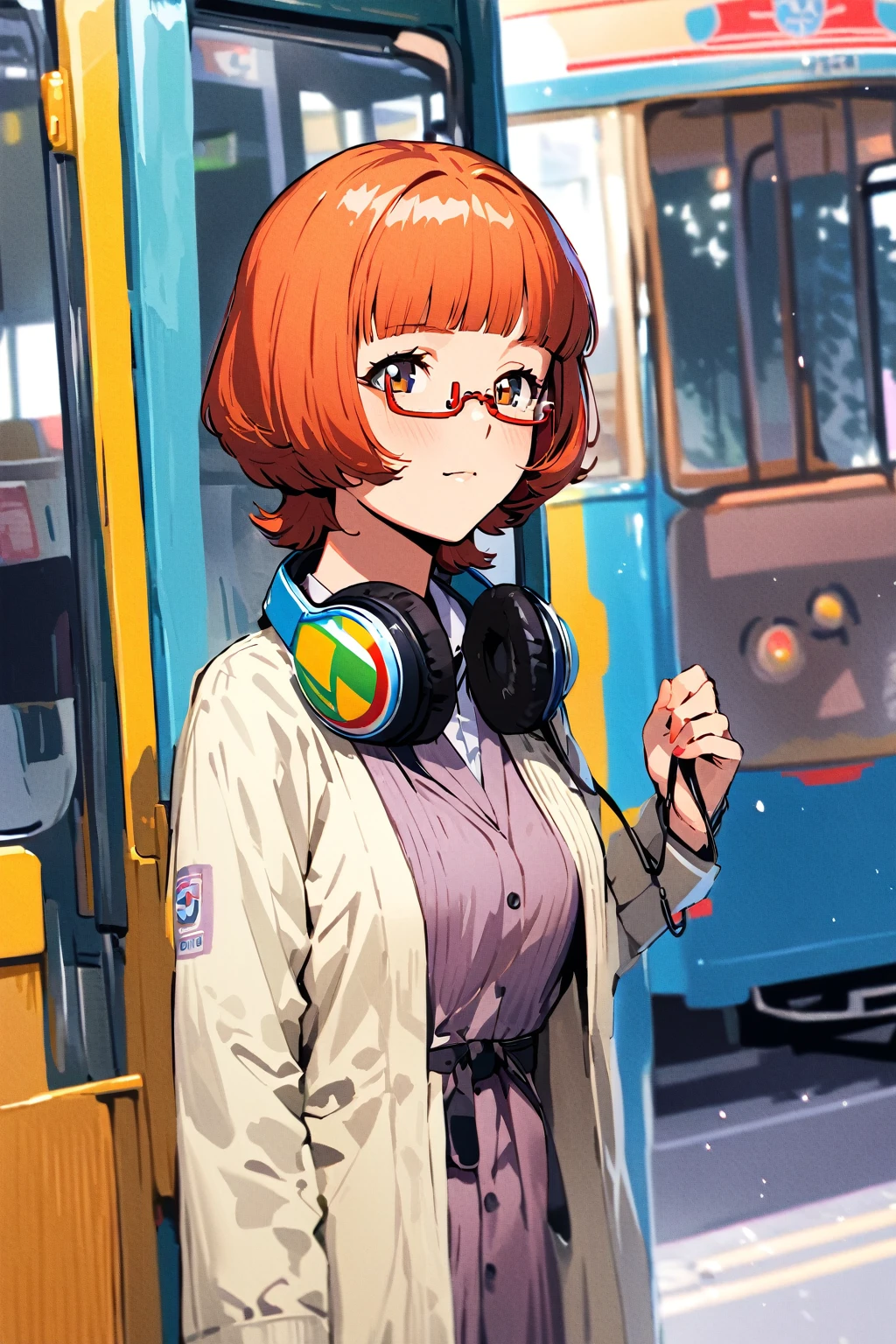 (extremely detailed fine touch:1.3), (((semi-rimless eyewear:1.3))), (wear headphones around neck:0.9), short hair, blunt bangs, 1girl, 2.5d face, cowboy shot, showa retro, extremely detailed Tram