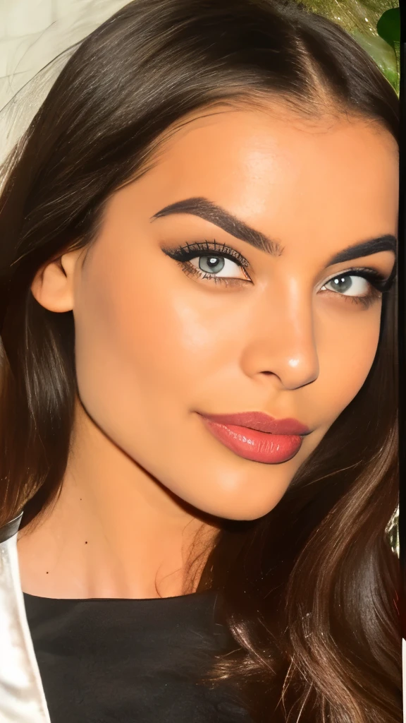 with a distinctive, slightly elongated and upturned outer corner, giving a sleek and slightly mischievous appearance Color: Vivid light-blue, dark limbal ring enhancing the depth and clarity Eyelashes: Long, thick, and naturally curled, enhancing the overall structure of the face Thickness: Moderately thick, providing a bold yet elegant look, The brows are strong and defined, creating a striking contrast against her eyes and contributing to her confident and glamorous look. Upper Lip: Prominent Cupid's bow, slightly fuller in the center Overall Appearance: Sen