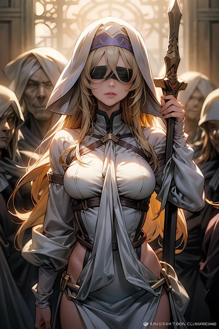 A beautiful girl, raiden from goblin slayer, extremely detailed face, beautiful eyes, beautiful lips, flawless skin, tall, slender figure, long yellow hair, wearing white clothes, holding a large sword, cinematic dramatic pose, wearing a blindfold, surrounded by goblins, masterpiece, photorealistic, 8k, ultra-detailed, high quality, fantasy, concept art