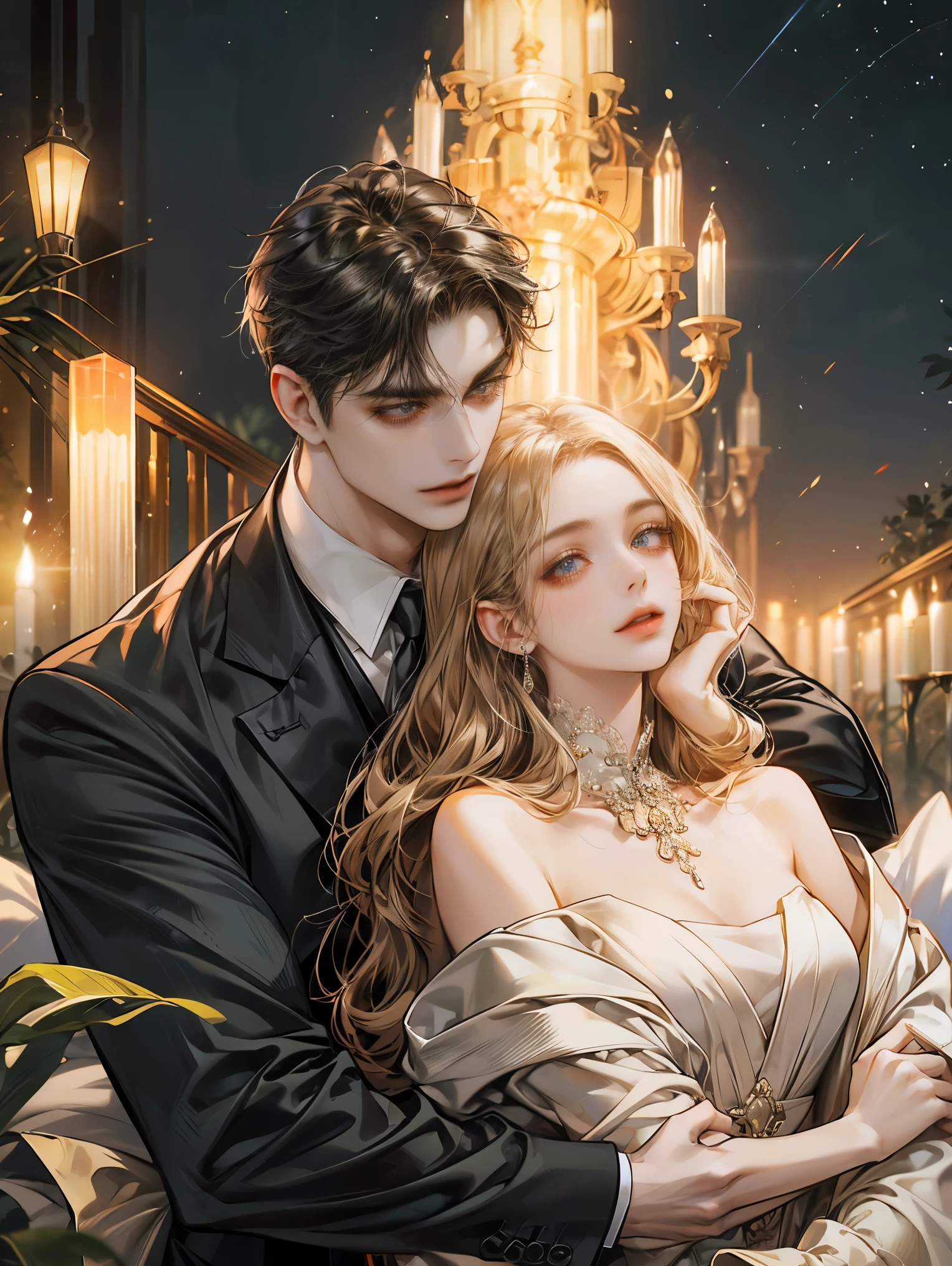 A man and a woman in formal wear hugging, 可爱的Couple, Elegant digital illustration, Elegant couple,Couple,romance book cover, Elegant digital art, Art style, Popular trends on artstration, 浪漫Couple, Beautiful digital illustrations, 8k high quality detailed art, handsome stunning realistic