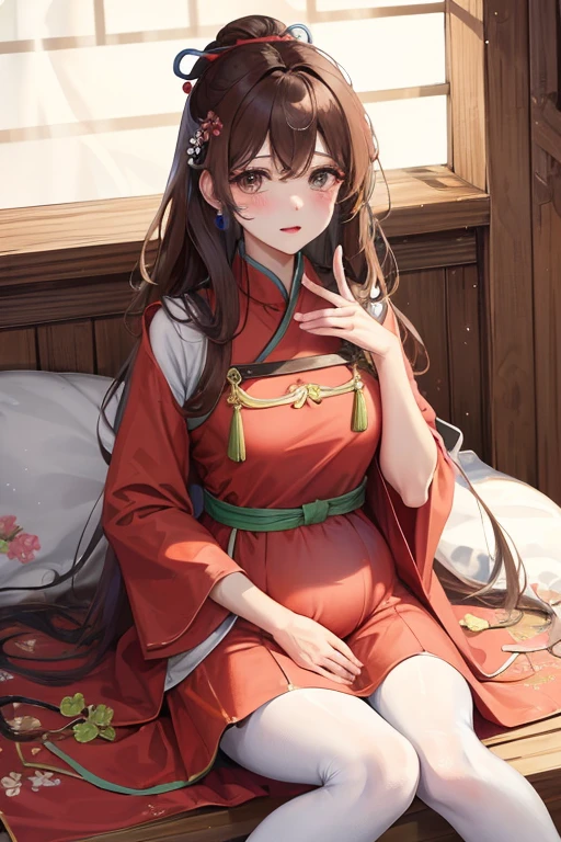 绝代夜满月1女China风姐妹御姐微笑棕发Princess剪麻花辫双丸浅粉红唇, calm, Intellectuals, Zhongfa, Green Student, hairpin, Peach Blossom, red clothes easter, best quality, Married woman， aldult, Chinese, China, elder sister,   hairpin，Brown hair, Princess，Full of maternal love，purely，blush，Passionate，Mother，Mature，fine，Pregnant，wife，Pantyhose，Shy，Happy，cute，发hairpin，Double tail，