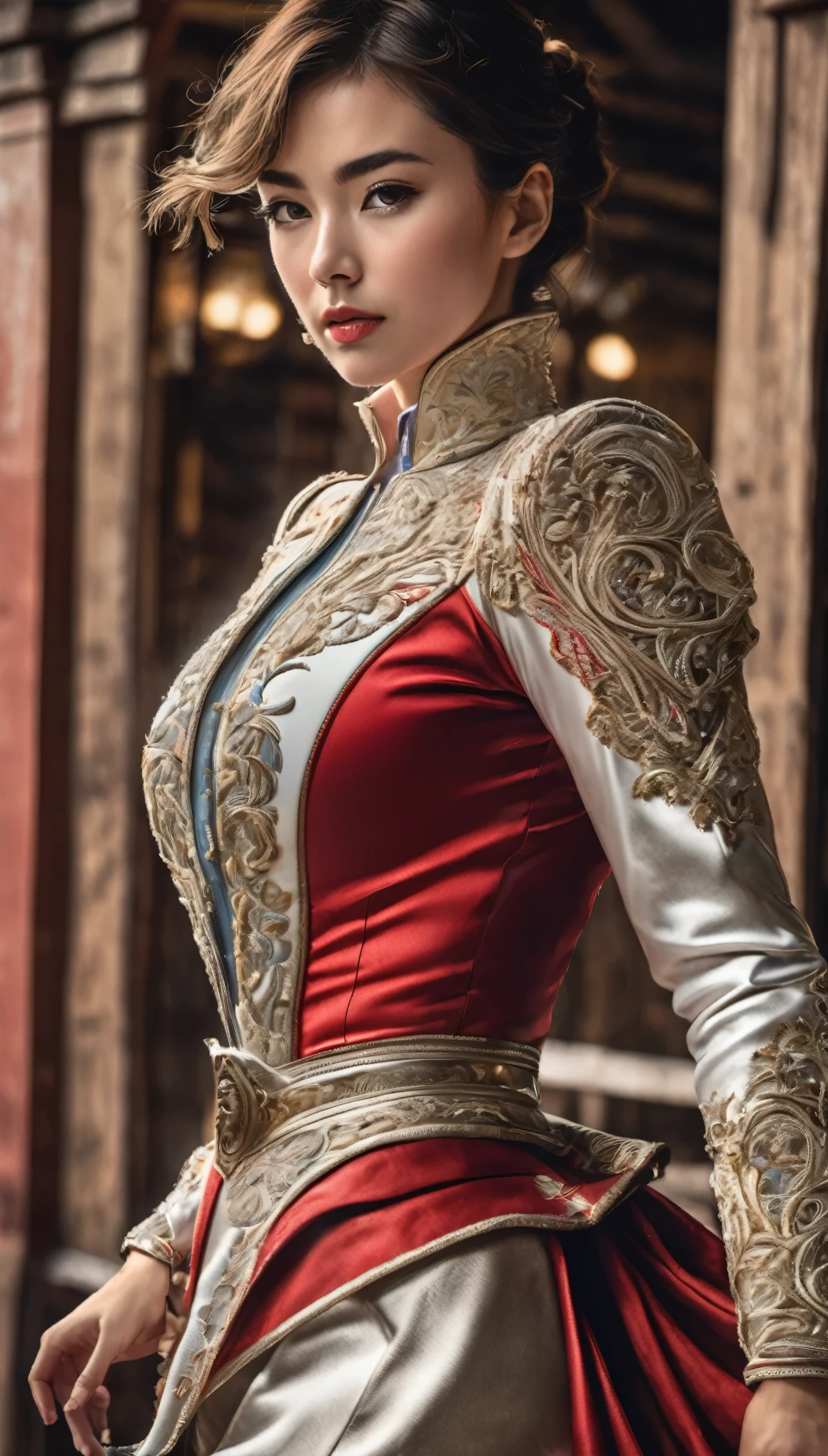 Highest quality, Realistic, photoRealistic, Award-winning photography, (Intricate details, Bullring: 1.2), (Subtle details), (Intricate details), (Cinematic Light, Super sexy short hair woman, Bullfighter, Bullring, huge firm bouncing chests, sexy long legs, dynamic sexy pose, Bullfighterの正装, Bullfighterの帽子, Bullfighterのlong pants, flashy leather long boots, Bullfighterの赤いマント, Full body close-up),