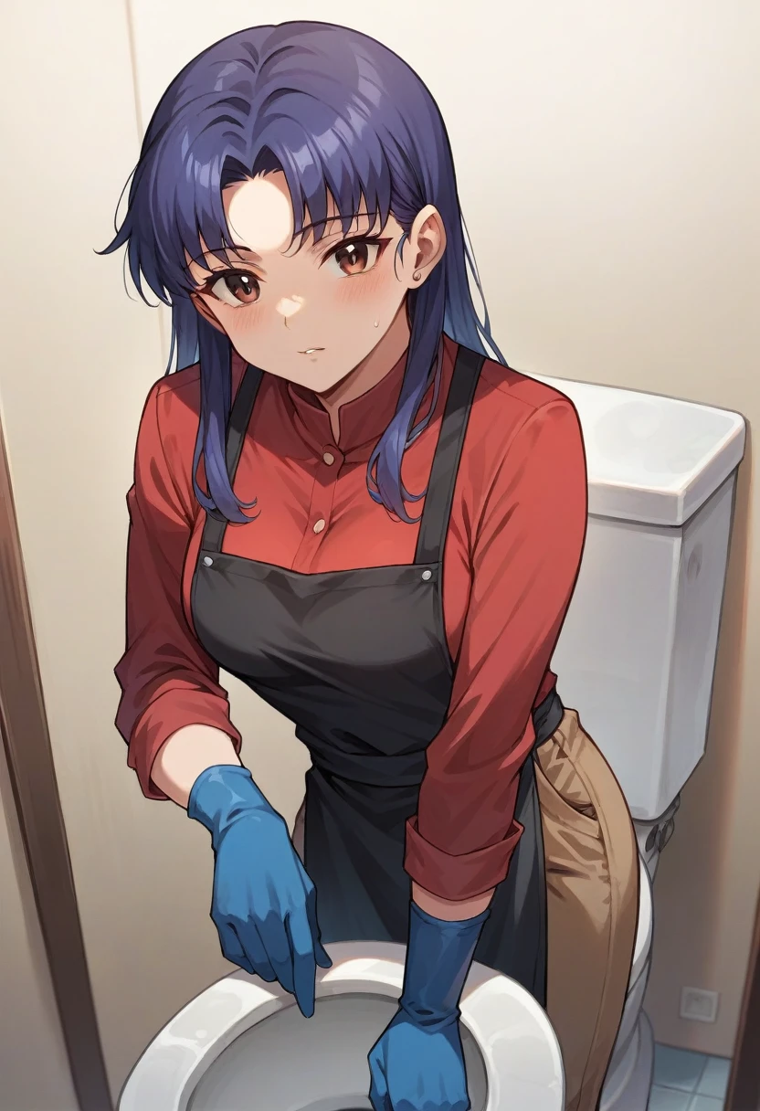 1girl, misato katsuragi, ((blue half elbow gloves)), (red shirt), ((long sleeves)), (black apron), (pants), looking at viewer, clean a toilet, solo