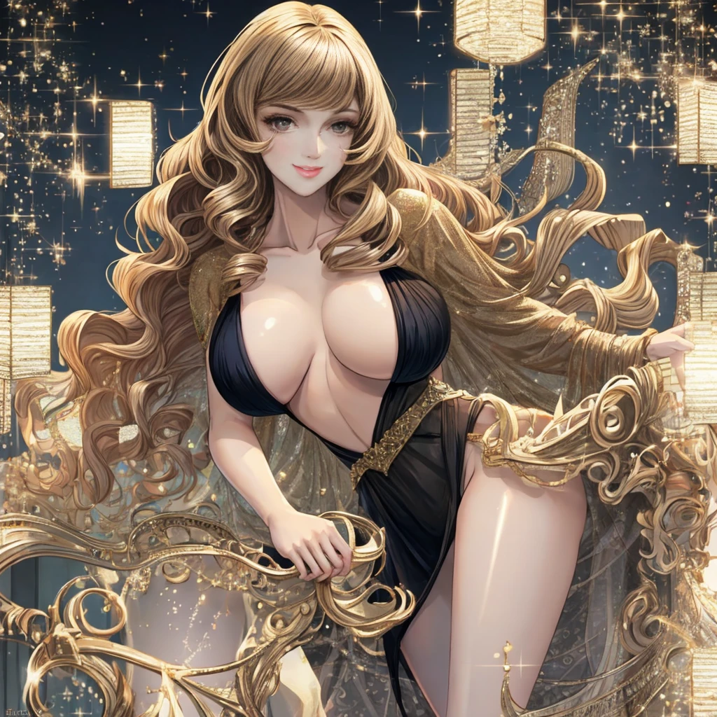 dark blonde,beautiful,woman, moderate-sized breasts

flashy clothing, collarbone-length hair,brown eyes

perfect body proportions,beautiful legs highest quality, accurate, Very detailed, Textured skin, Ultra high definition, Shortcuts, Medium Hair, Diagonal bangs, Curly Hair, smile, Sparkle Effect, Overexposure, Anime Style, solo, 