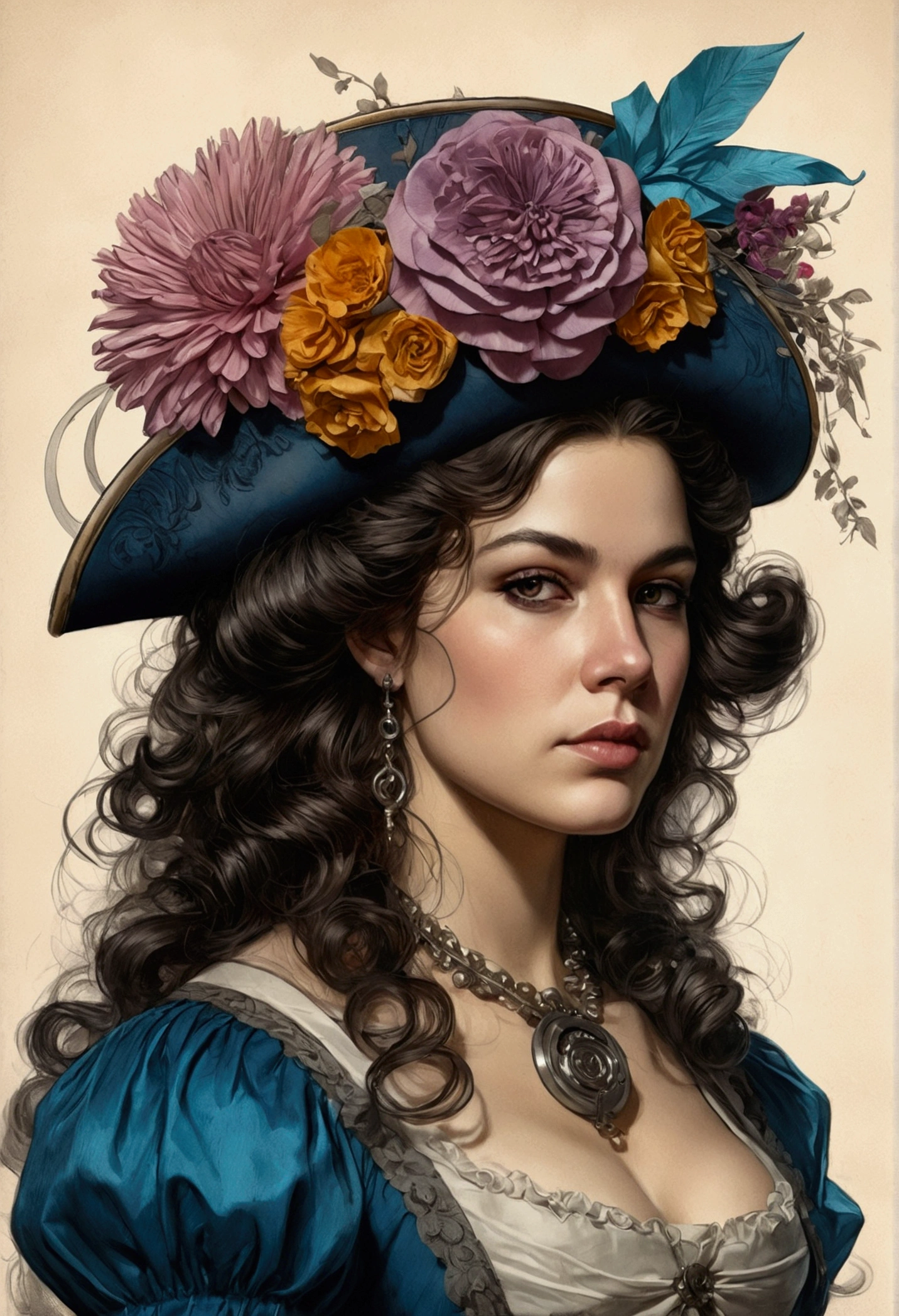 Charlie Bowater realistic lithograph portrait sketch of a woman from the Louis XIV era, Flowers, [gears], pipes, Dieselpunk, multi-colored ribbons, old paper texture, very detailed