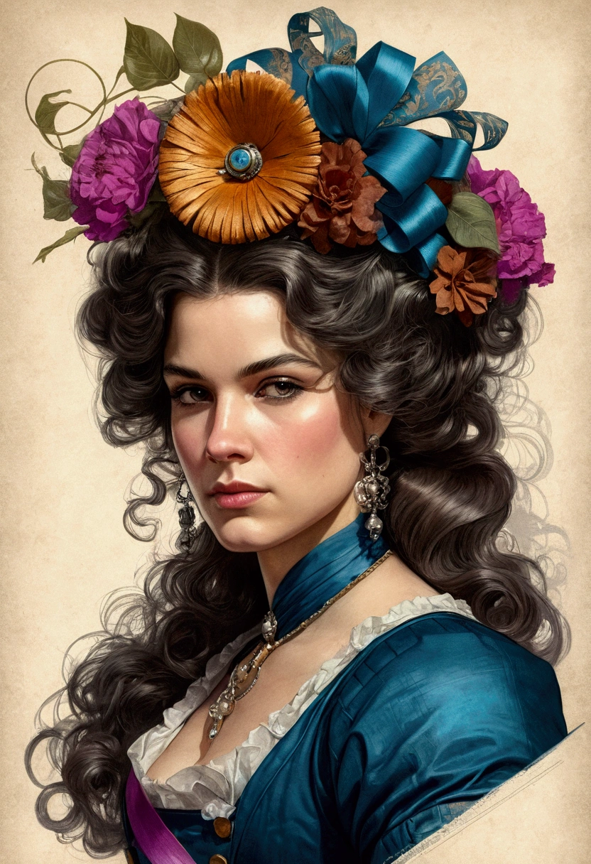 Charlie Bowater realistic lithograph portrait sketch of a woman from the Louis XIV era, Flowers, [gears], pipes, Dieselpunk, multi-colored ribbons, old paper texture, very detailed