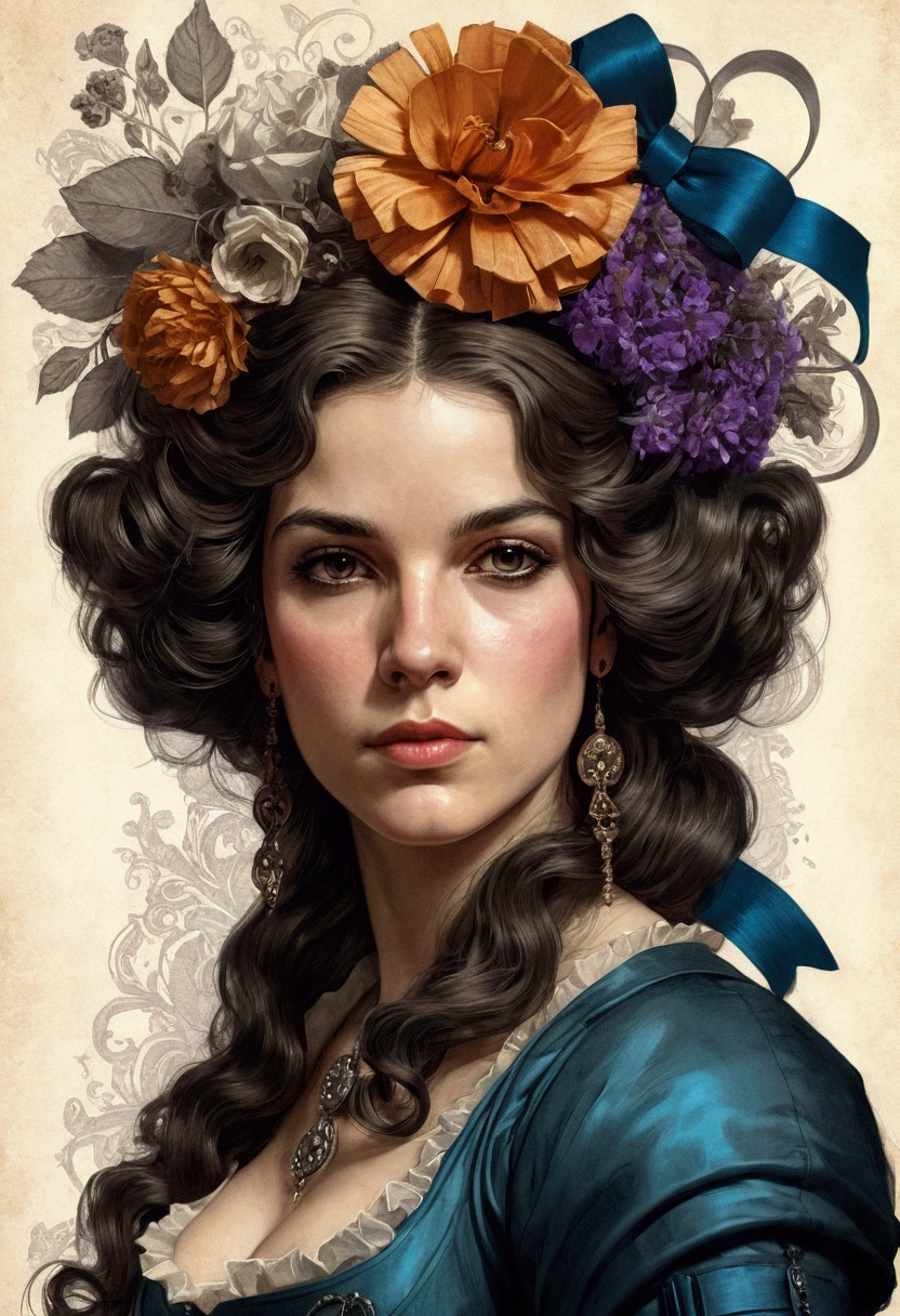 Charlie Bowater realistic lithograph portrait sketch of a woman from the Louis XIV era, Flowers, [gears], pipes, Dieselpunk, multi-colored ribbons, old paper texture, very detailed