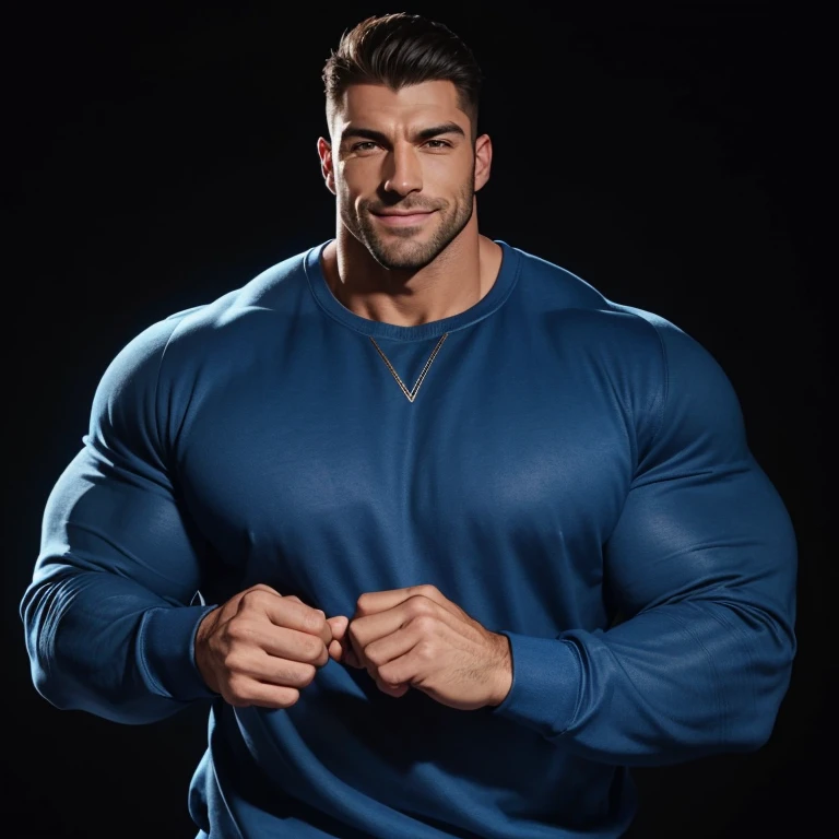 a very handsome, happy, massively muscular man with massively large muscles, wearing a simple blue sweatshirt with long sleeves, on a black background