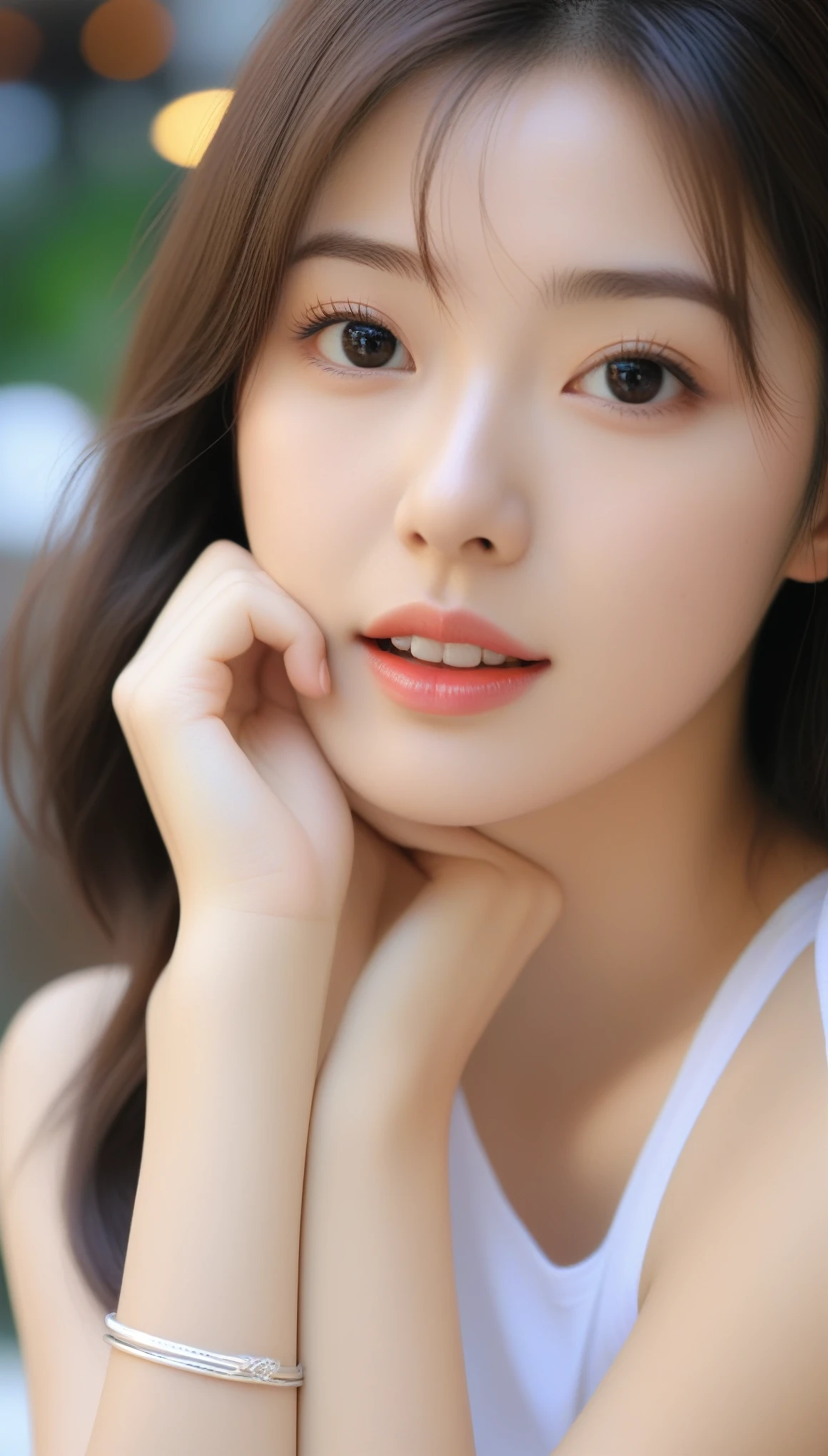 Araffe, an Asian woman with long hair and white tank top., beautiful south korean woman, gorgeous young korean woman, beautiful Asian girl, beautiful young korean woman, Korean girl, beautiful female model, beautiful female model, beautiful asian woman, Asian girl, Gorgeous Chinese model, Chinese girl, korean woman, German Bokeh Art 8k, ใบหน้าKorean girlที่น่ารัก