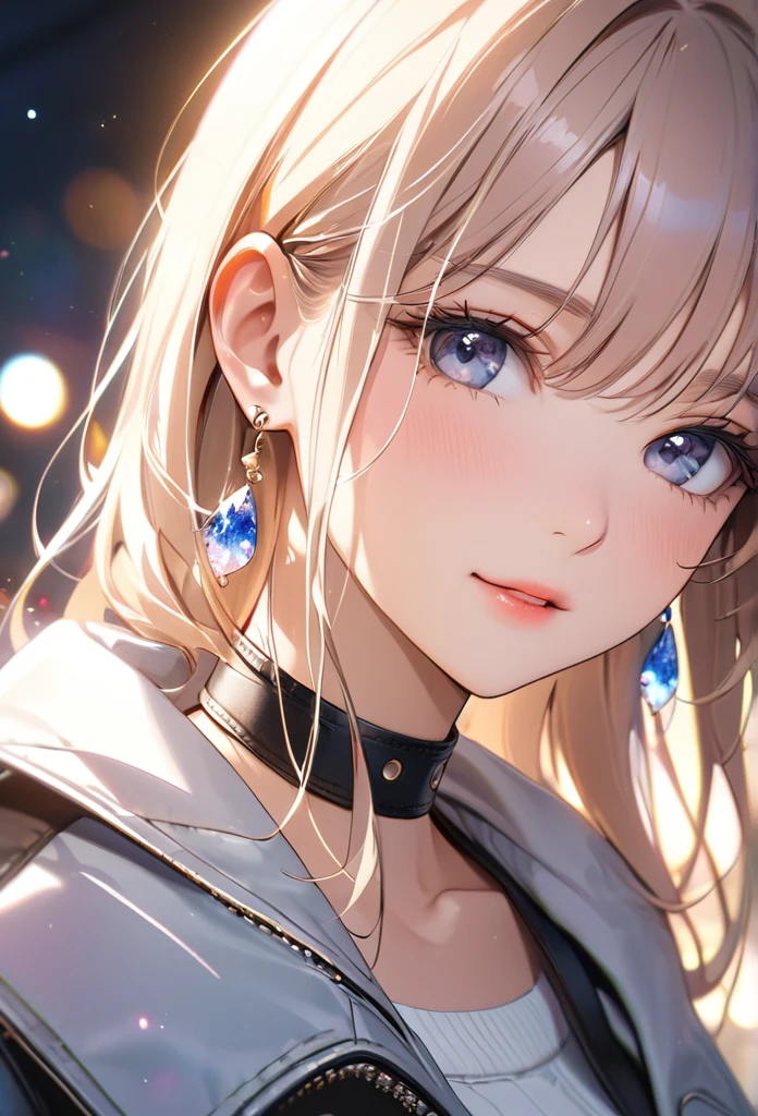 best quality, super_delicate, beautiful, natural face,, 8k, jacket, earrings, leather choker, close up, lens_flare