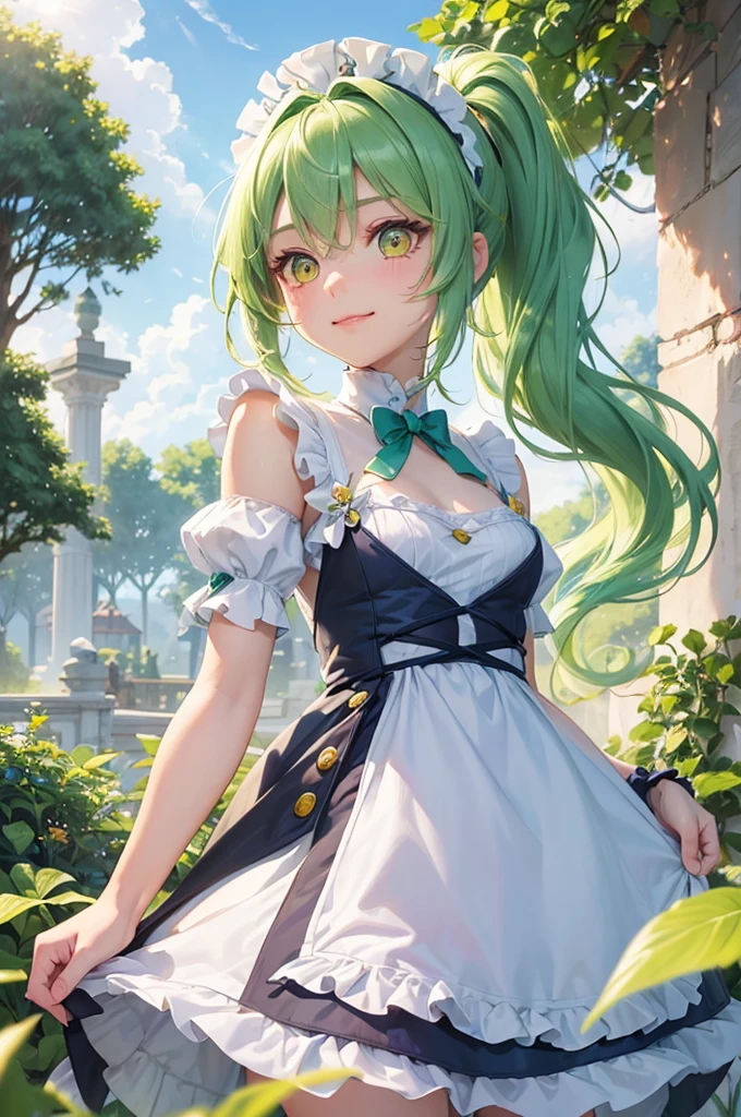 (beautiful Pastel color art style), (solo:2, 15 yo), (beautiful detailed ponytail) (beautiful detailed green hair, long hair) (best cute fighter girl, best cute yellow eyes, glossy lip, , looking up, best love smile:1.1, medium tits), in a immensely beautiful summer maid dress, break, in the beautiful enchanted garden, background beautiful summer sky, BREAK, perfect anatomy, masterpiece, best quality, beautiful detailed pastel color, daydreaming expression.