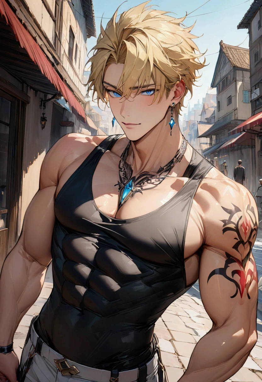 (masterpiece:1.3),(最high quality:1.4),(Very detailedな:1.5),High resolution,Very detailed,8k,artwork,High level of detail,rendering,high quality,Wide range of colors,(Anime men),(Clasp your hands behind your back)、Blonde Hair、Cool guy、Handsome、Attractive Anime Men, Enchanting anime young man,Slippery、blue eye、quiet、Inconspicuous、Black Tank Top、club、City、(On the neck)tattoo、Earrings、Hair is of normal length、Provocative、Laugh fearlessly。