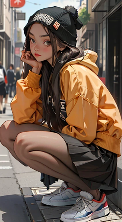 (best quality, masterpiece), 1girl, hoodie, long hair, street, crouching, looking at viewer, beanie, skirt, makeup, piercing, pantyhose,
