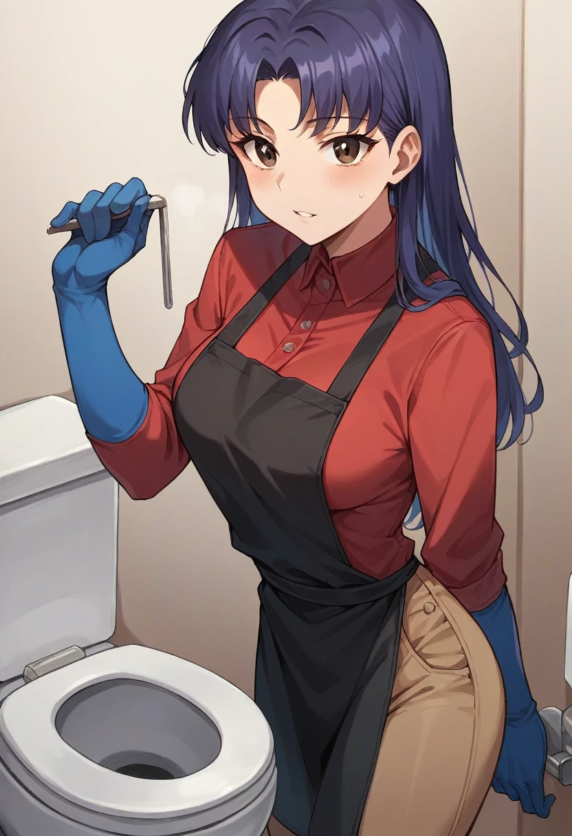 1girl, misato katsuragi, ((blue half elbow gloves)), (red shirt), ((long sleeves)), (black apron), (pants), looking at viewer, clean a toilet, solo