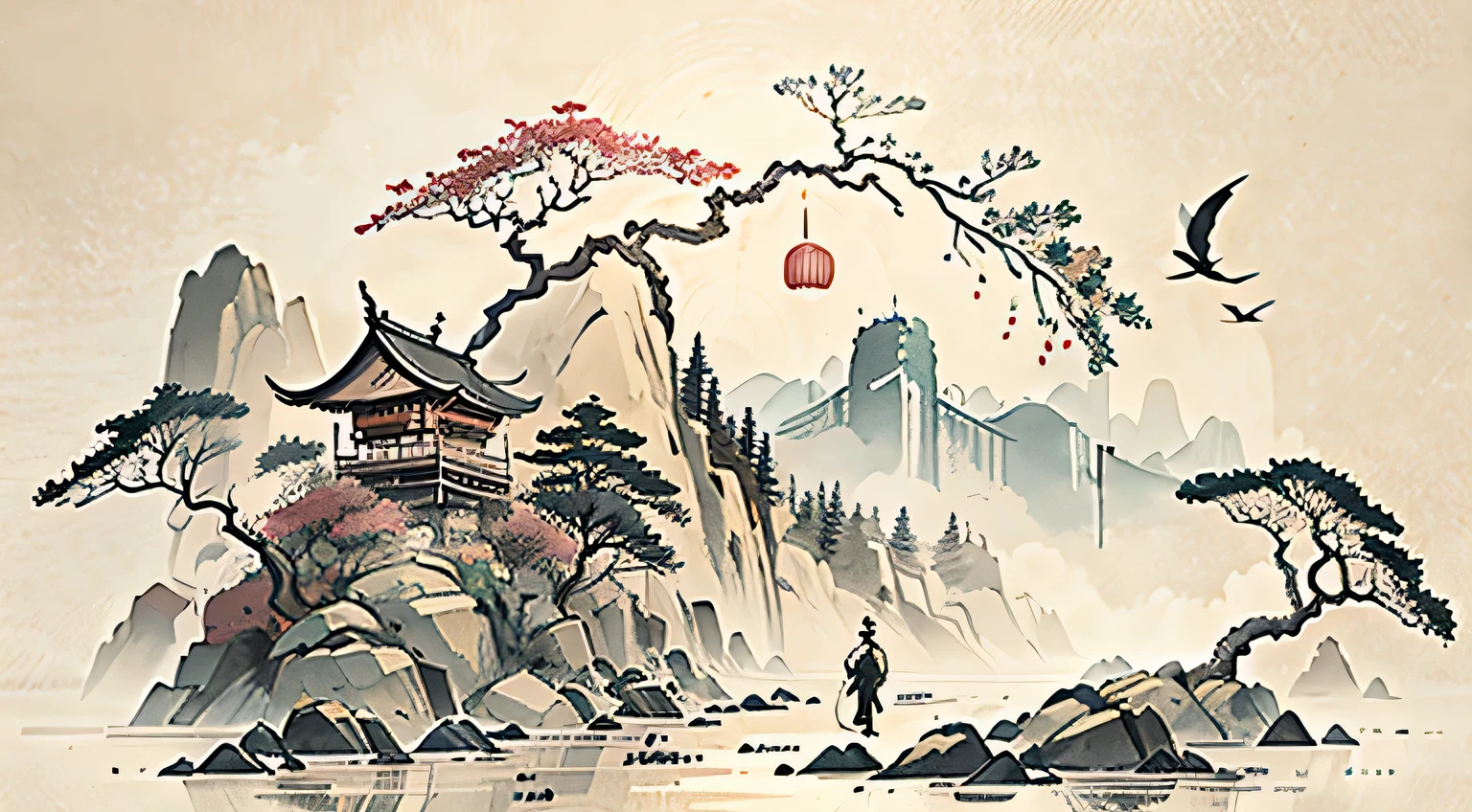Whimsical and fun, Photo ink painting light Hanfu,Portraits inspired by traditional Chinese art,Traditional Chinese ink painting, Houses are close, tombstone, grassland，Song Dynasty architecture，Small river water，A man in ancient Song Dynasty costume is working，The peaceful scenery is reminiscent of the peaceful scenes in classical Chinese paintings from the Song and Ming dynasties.. The golden calligraphy font and red seal add a lot of color to the whole scene, Everything is infused with a rich soft golden hue, White, and crimson.Tilt frame, Brings a feeling of tension or energy.,peaceful, Peaceful environment. . monochrome, loose, body fluid, Expressive, Beautifully,rich and colorful . 35mm Photo, , bokeh, professional, 4K, Very detailed, full of imagination, Amazing, Bright colors, Programming, Happy, Whimsical and fun