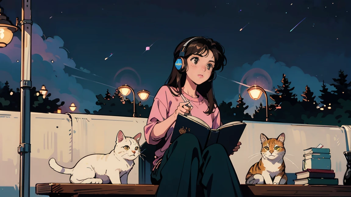 Highest quality, 8k, 1990s style,Hairstyles of the 2010s, 21 year old girl, Black Hair, Long Hair, Light brown eyes, City Pop, pants ,Night view, Wear headphones,Reading a book, whole body, Relax Coffee,table,making,look at me, White cat,An ennui atmosphere,Listless,Looks sleepy,Twinkling starry sky,A sparkling, starry sky,