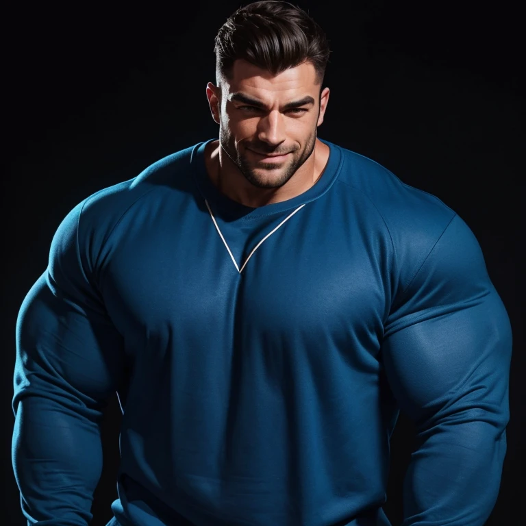 a very handsome, happy, massively muscular man with massively large muscles, wearing a simple blue sweatshirt with long sleeves, on a black background