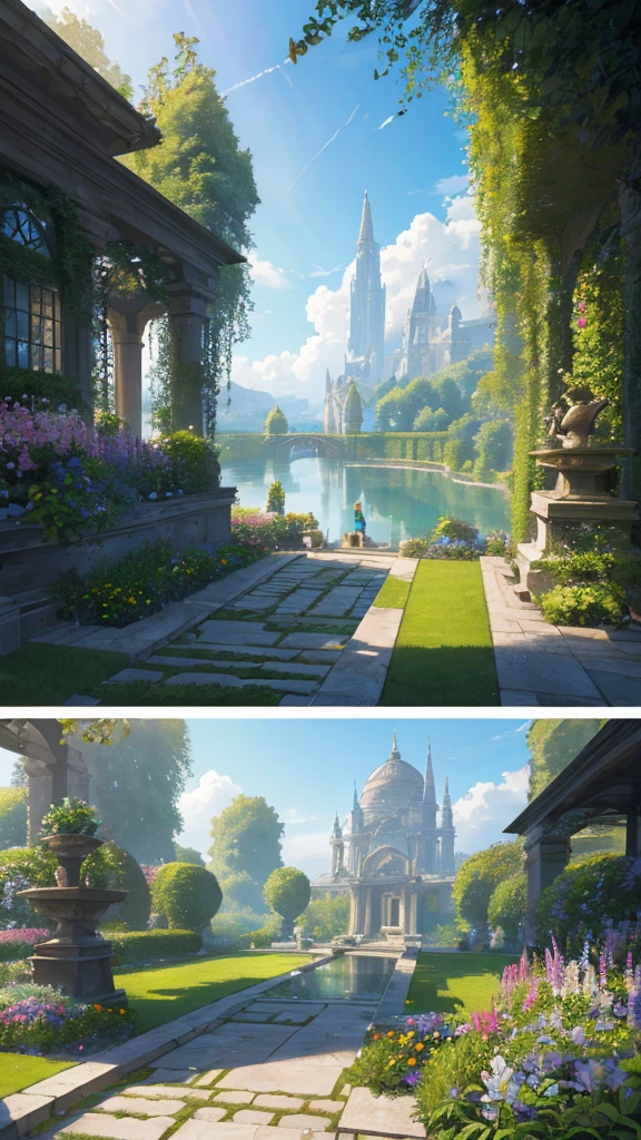 masterpiece,best quality,ultra detailed,"Create a realistic depiction of a beautiful sky garden, reminiscent of a cinematic masterpiece. The garden is spread across a vast platform floating above the clouds. It is lush with various types of plants and flowers, featuring colorful flower beds and verdant lawns. The garden includes small streams, fountains, and ponds with blooming lotus flowers, while butterflies flutter around.
Elegant stone pathways and staircases wind through the garden, adorned with classical statues and fountains. Transparent glass observation decks offer panoramic views of the landscapes below. The sky surrounding the sky garden is clear, with soft sunlight illuminating the flora and a gentle breeze rustling the leaves. In the distance, other sky gardens and floating islands can be seen, adding a sense of vastness and depth to the scene. The depiction should emphasize the harmony between natural beauty and human-made structures, evoking awe and wonder in viewers with its grand yet delicate portrayal."