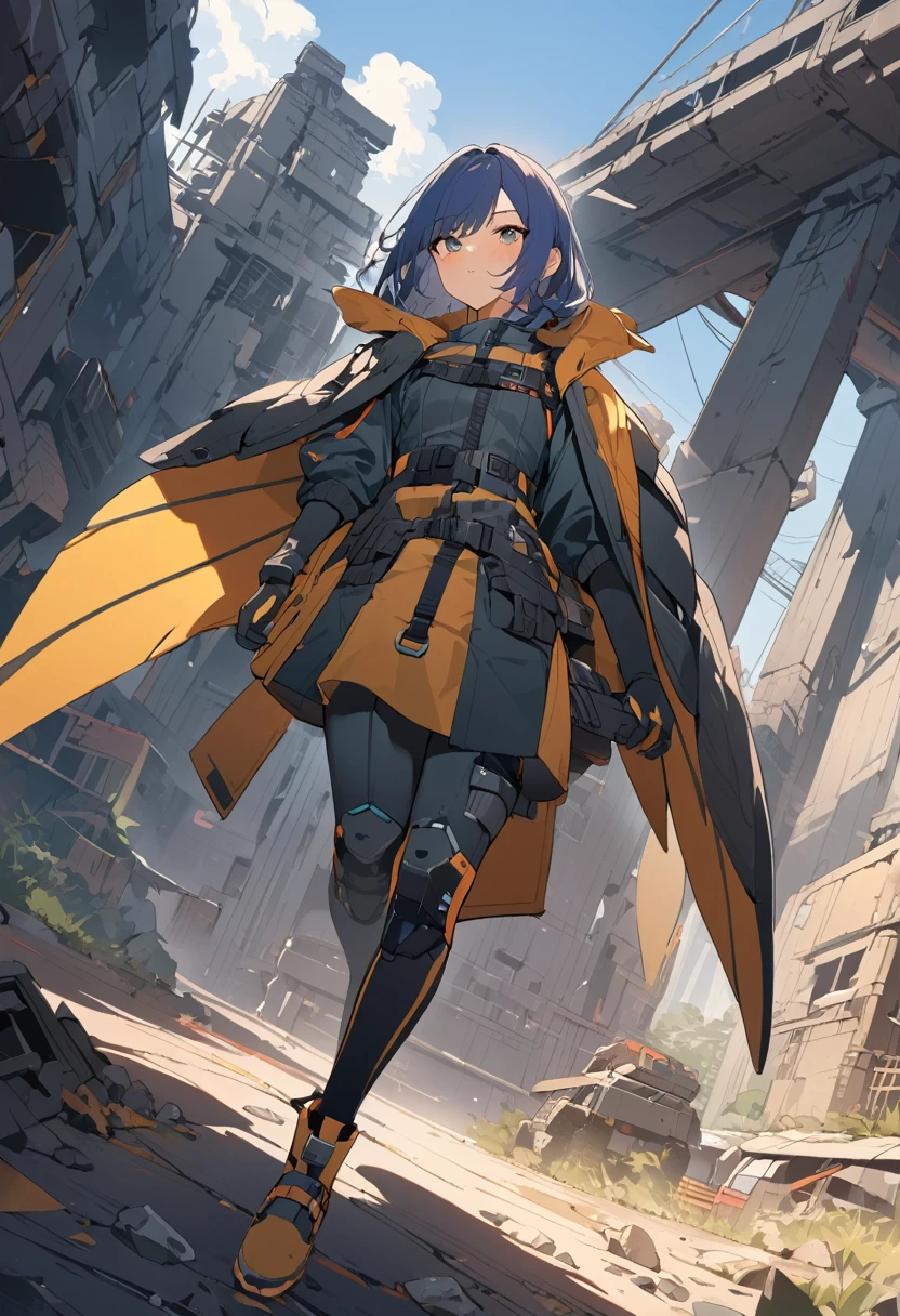 (masterpiece, best quality:1.1), (ultra highres, ultra-detailed:1.2),(doodle),flatcolor,one girl,(wearing Vulture costume),(Vulture from marvel movie),gray flight jacket, mechanical eagle wings, BREAK in mechanical ruins,absurdity, extraordinary,dynamic angle,BREAK (16yo,(darkblue hair),middle small breasts),