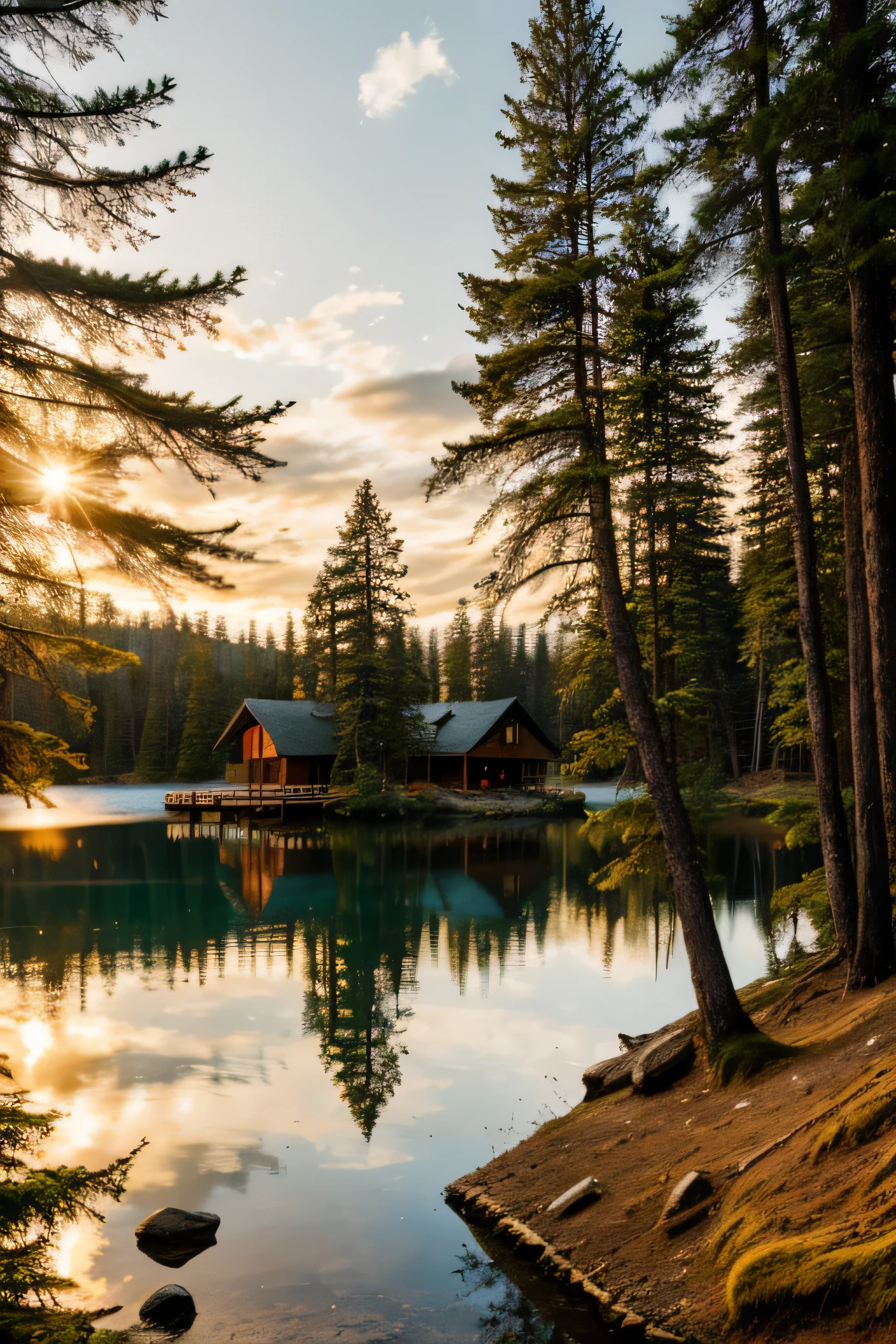 big northen lake with pine forest shores, wooden house on the bank, soft sunset side light, real photo quality, 4K