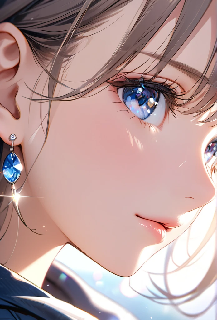 best quality, super_delicate, beautiful, natural face,, 8k, jacket, earrings, close up, lens_flare