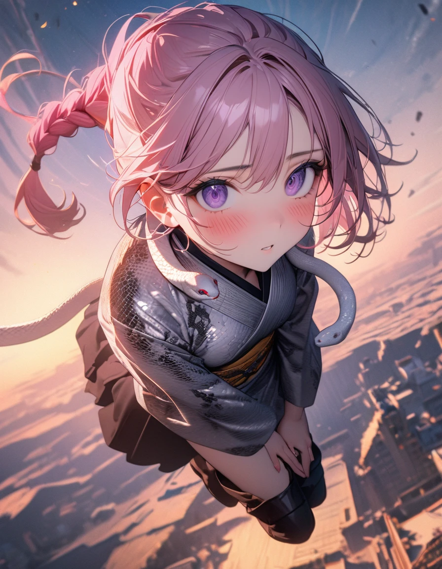 (8K, best quality, master piece: 1.2),super high resolution,1 Beautiful woman,20yo,(The woman is flying,Astride a white snake),ultra-detailed face,detailed eyes,braid ponytail,pink hair,lash extension,Purple eyes,uneasy,Blush,looking at viewer,Boots,python printed silver kimono,Above the sky,Twilight