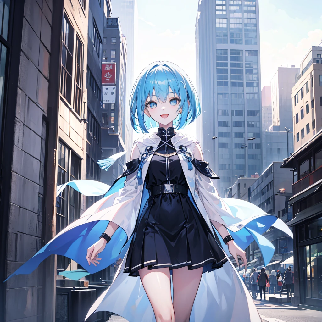 独奏, High resolution, Bangs between the eyes, Highest quality, masterpiece, detail, High-resolution model, Ultra high definition, The best smile, , girl,  アニメ, cute, Shiny Hair, Cool face, Beautiful eyes,  whole body, Are standing, happy smile, A big smile, One girl, Open your mouth, Blue Hair/Light blue hair, bob cut, cityscape, wizard cloak