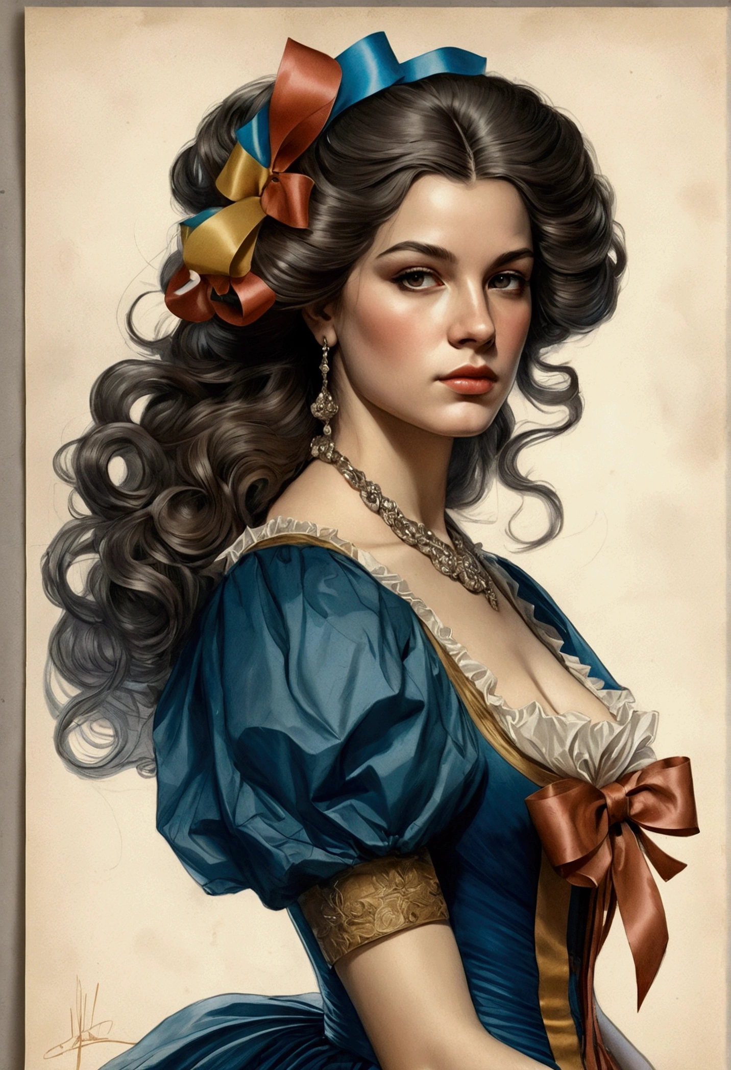 Charlie Bowater realistic lithographic sketch of a full-length portrait of a young beautiful woman from the Louis XIV era, Dieselpunk, multi-colored ribbons, old paper texture, very detailed