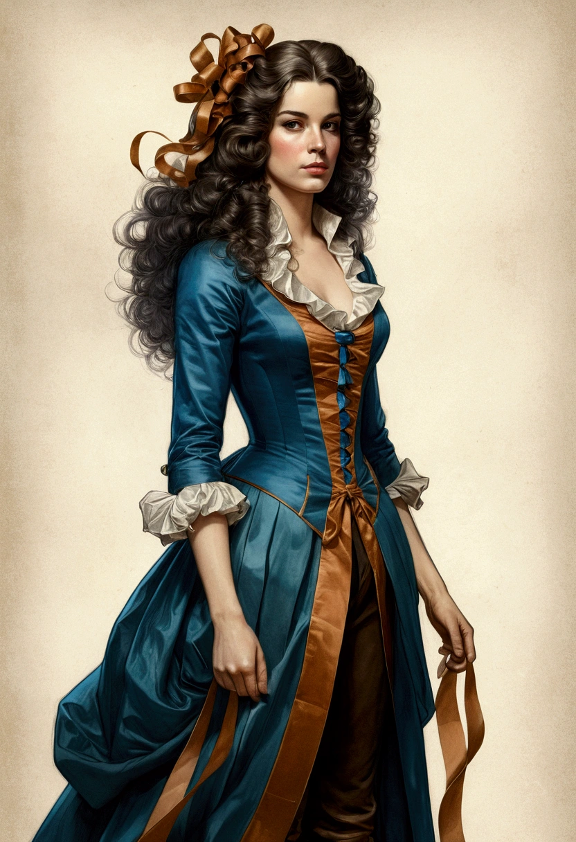 Charlie Bowater realistic lithographic sketch of a full-length portrait of a young beautiful woman from the Louis XIV era, Dieselpunk, multi-colored ribbons, old paper texture, very detailed