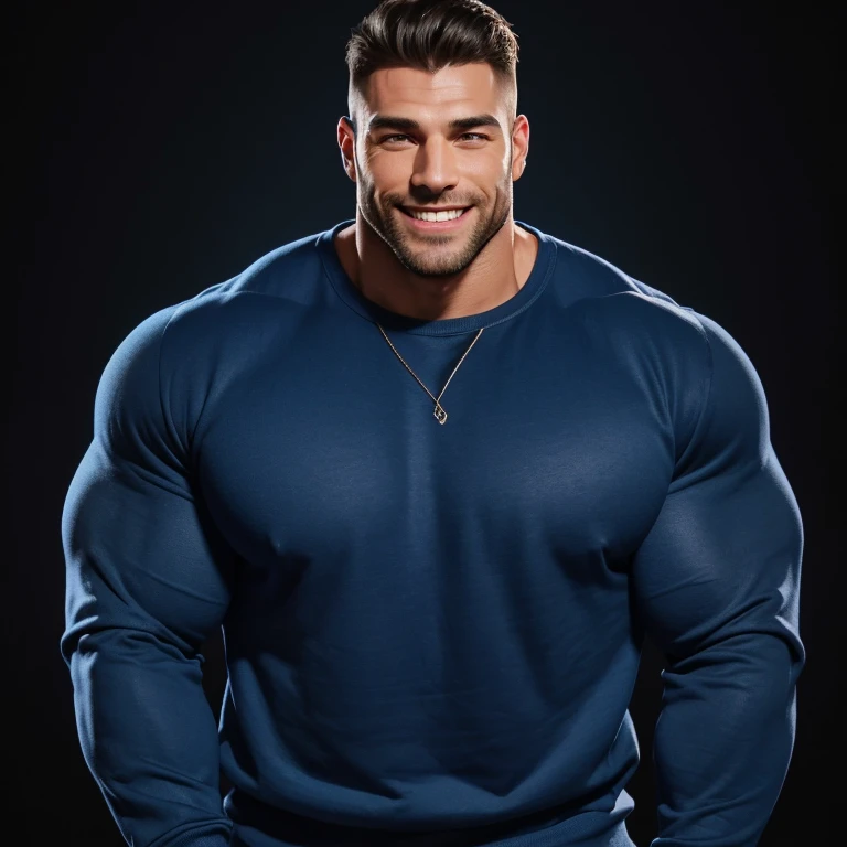 a very handsome, smiling, massively muscular man with massively large muscles, wearing a simple blue sweatshirt with long sleeves, on a black background