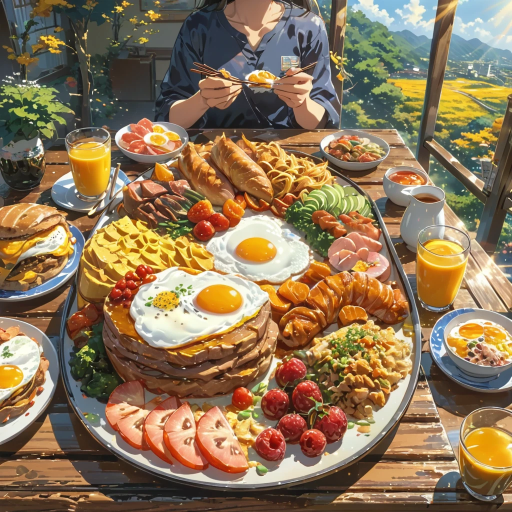 eating breakfast, good scenery, beautiful sunshine, best food, anime style, masterpiece, one hand holding chopstick, one hand peace sign, UHD, accurate, high quality, high details, super detail, award winning, best quality, 16, 5 fingers, best hands