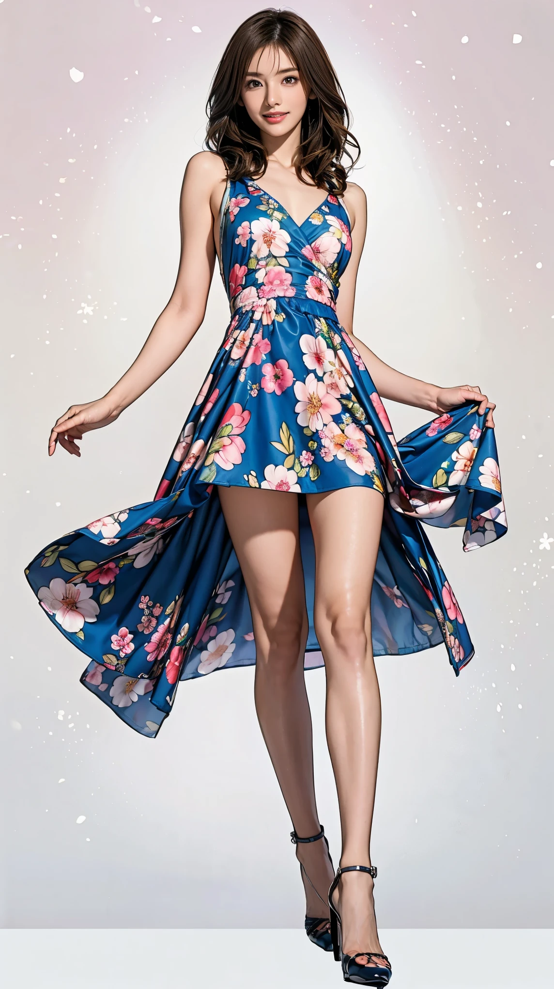((masterpiece)),(((Highest quality))),Character design sheet:1.5,Long legs,Slender figure:1.5,whole body:1.5,(One Girl:1.3),(Viewer Display:1.4),The best smile:1.5,(Pointy high heels:1.3),(Stand with legs apart:1.2),(Wearing a floral and plant print mini dress:1.2), Curly Hair:1.5,High waist:1.5,