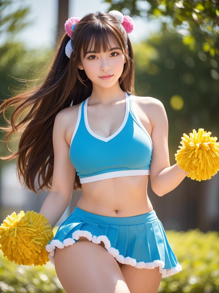 masterpiece, Highest quality, Very detailed, High resolution, (Realistic, photoRealistic:1.37), Excellent anatomy, One beautiful woman, 18-year-old, Height: 152cm, Colorful cheerleader, (Holding a pom-pom in both hands:1.3), A small smile, cheer leading, Cheerleader uniform, (shape), Tank top, Micro Pleated Mini Skirt, ((Very delicate and beautiful)), (Bokeh, Blurred outdoor background), Brown Hair, Long Hair, bangs, Very beautiful face, Cute type, Big Natural Color Lip, Small and cute nose, Big and pretty eyes, Brown eyes, Obvious double, Shiny highlight spots around the eyes, Character Focus, Tilt your head, The best light, Best Shadow, mysterious, Perfect Face, Very detailed, Soft Skin, (Glowing Skin, Sweaty: 1.2), Beautiful feet, Voluptuous thighs, Plump body, Huge breasts, (Expresses the roundness and softness of the chest area.........1), Beautiful body, (The perfect woman), Spread your legs, (Provocative dynamic pose), Skirt flip,