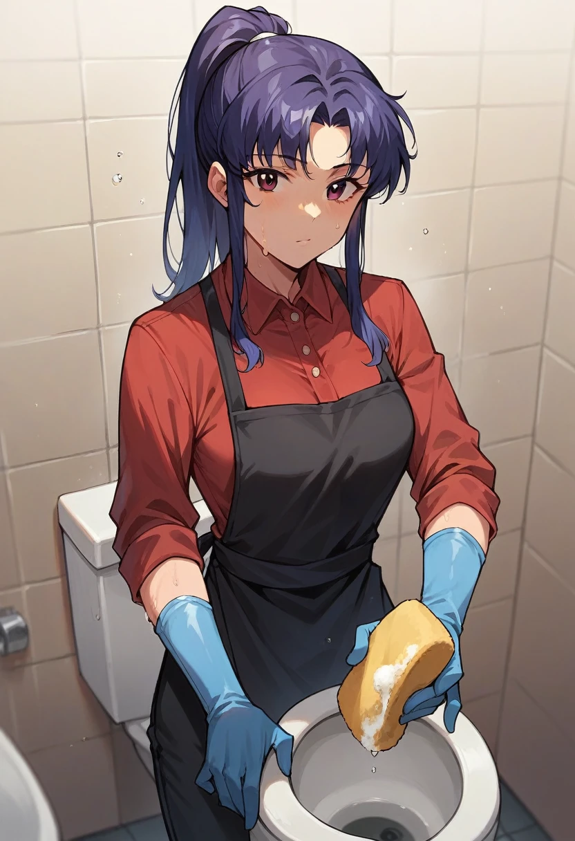 1girl, misato katsuragi, ponytail, ((blue half elbow gloves)), (red shirt), ((long sleeves)), (black apron), (pants), looking at viewer, clean a toilet, sponge, wet gloves, solo
