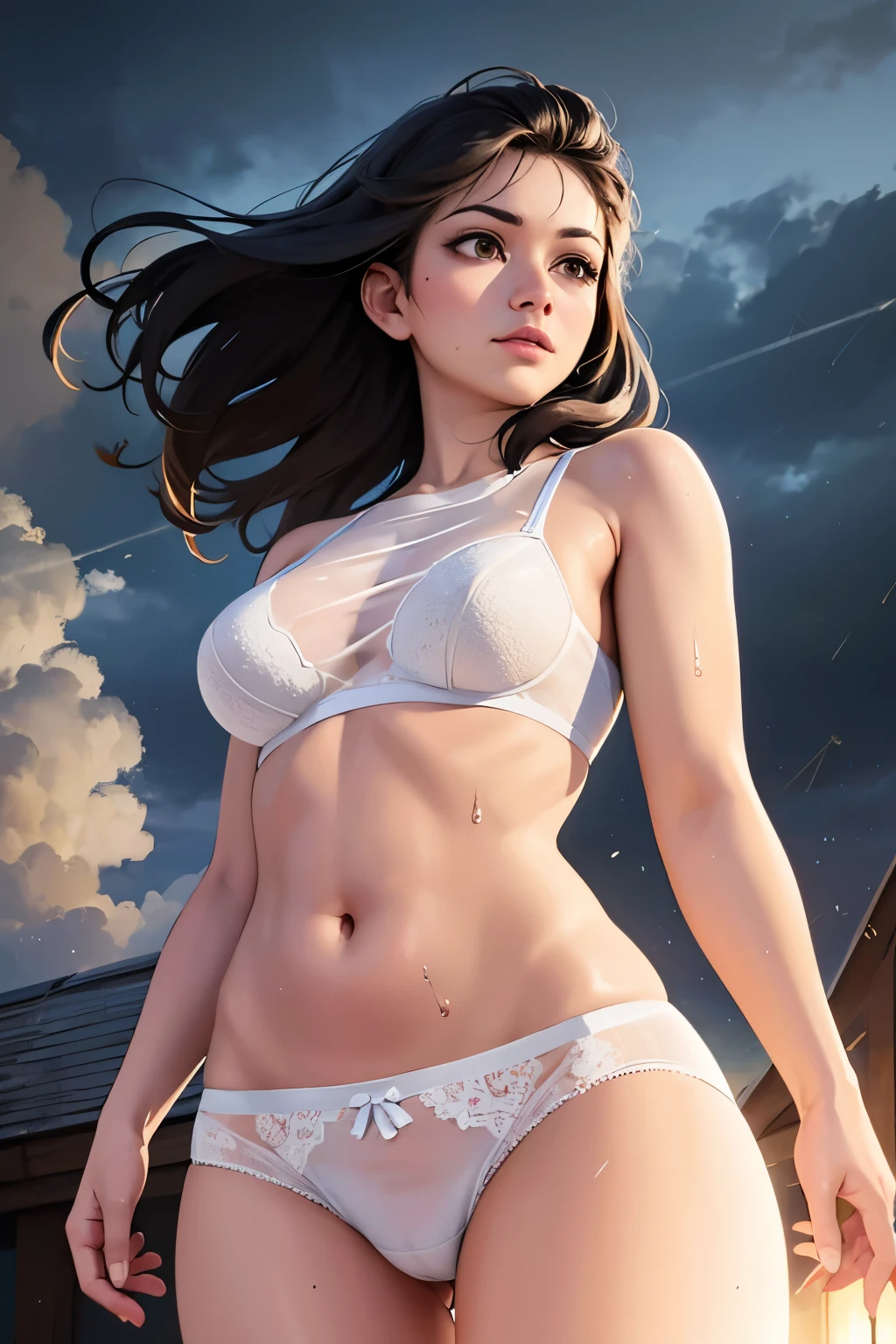 Viewer's perspective, refreshing face, highest quality, highest resolution, detailed depiction, delicate depiction, diverse lighting, masterpiece, ultra-high resolution, photorealistic, highest quality, 8K, perfect, storm, windstorm, typhoon, white thin dress, steamy, wet, see-through, white underwear, black medium hair, brown eyes, facial details, gentle face, navel