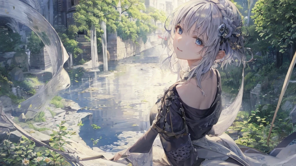 Ultra HD,Look at the viewers, Put your hands behind your back, With a girl, 20-year-old, 非常にShort Hair, Long bangs between the eyes, Pale blue eyes, Very detailed,(masterpiece、Highest quality),Gray Hair、Laughter、Fantastic, Silver Hair, Iris, Short hair、 Fluttering Hair、Small Face、明るいsmile、(Detailed face) ,Professional Lighting,Wonderful landscape,blue sky, sunlight,Looking down from above,Portraiture、Open your mouth、Flower Field、Her eyes were shining、Mysterious and enchanting atmosphere。With AI Painting、とてもShort Hair, Long bangs between the eyes, Very detailed,(masterpiece、Highest quality)、alone、Gray Hair、Fantasy, Silver Hair, Fantasyな風景、smile、Open your mouth、short hair、Short Hair、hairpin、black eye、Grey Eyes、Beautiful Eyes、Black Shirt、White hoodie