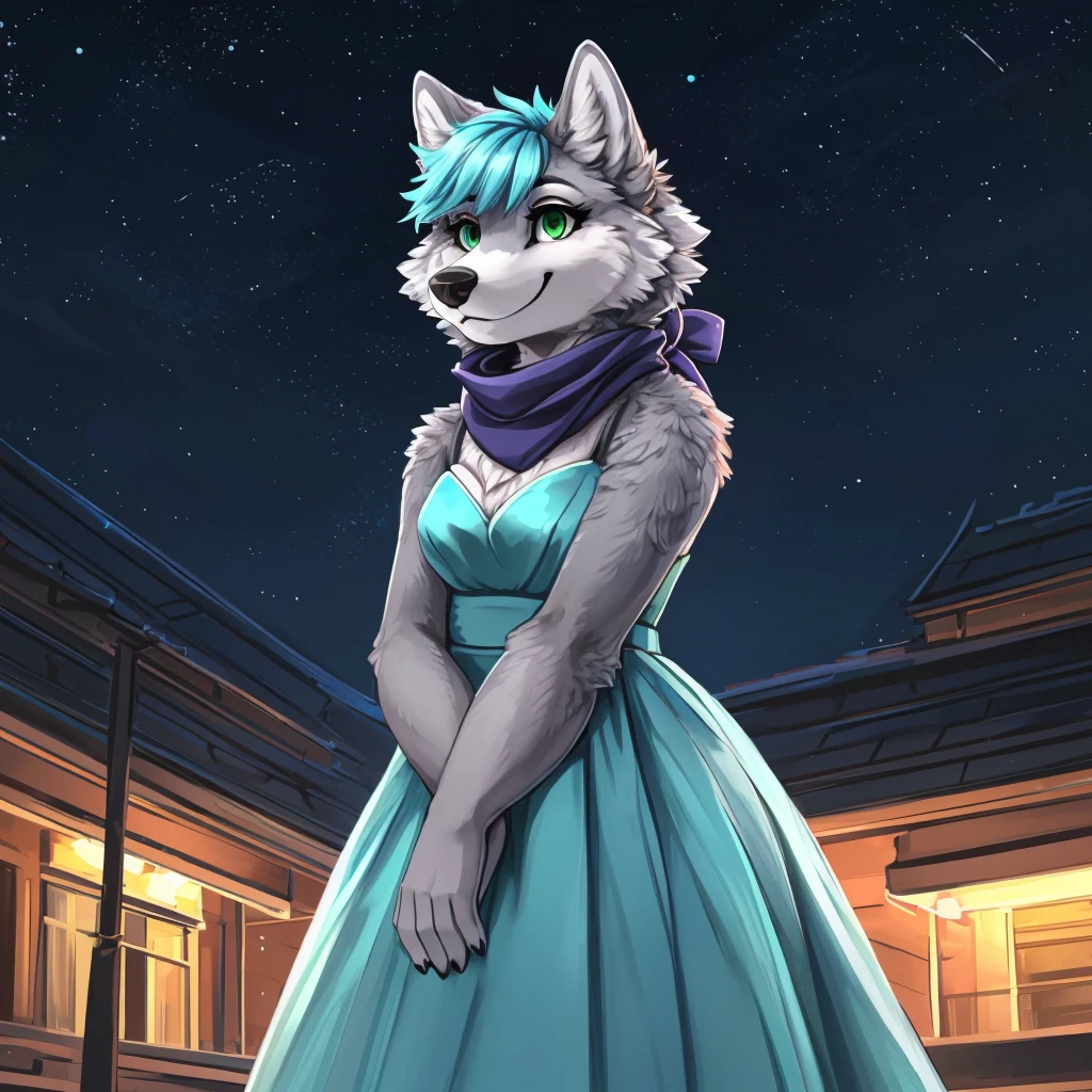a close-up of an anthropomorphic grey wolf lady, she's dressed has a scarf with a dark blue gala night type of clothing, her arms are behind the dress, she has short blue-cyan colored hair and green eyes, closed smile, high quality furry art, night background, cute face, she has a bit chubby body.