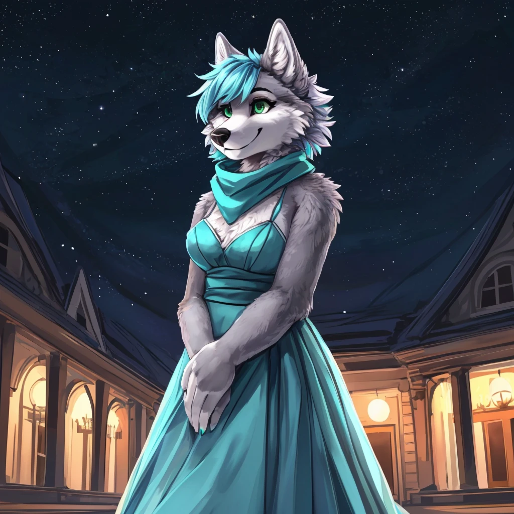 a close-up of an anthropomorphic grey wolf lady, she's dressed has a scarf with a dark blue gala night type of clothing, her arms are behind the dress, she has short blue-cyan colored hair and green eyes, closed smile, high quality furry art, night background, cute face, she has a bit chubby body.