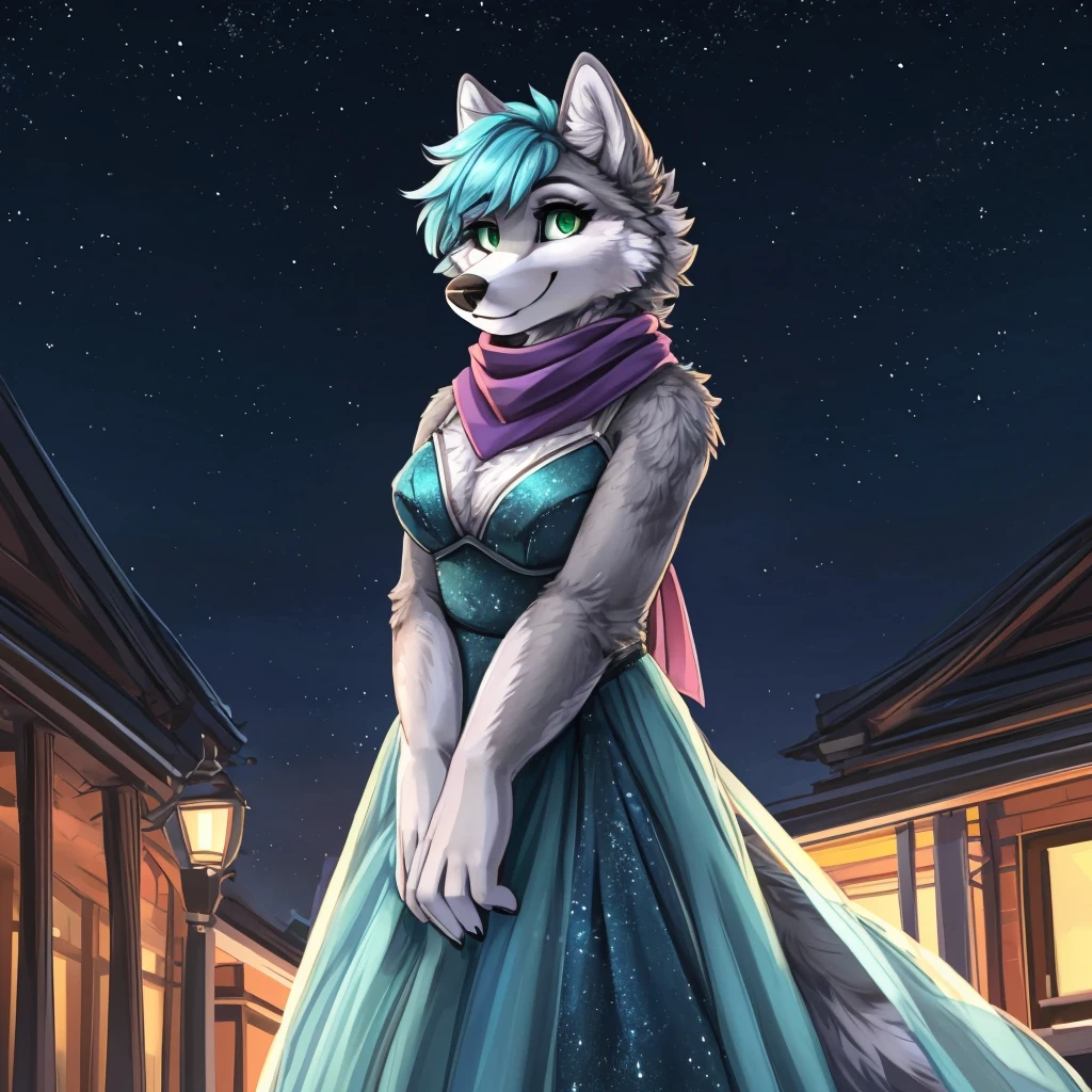 a close-up of an anthropomorphic grey wolf lady, she's dressed has a scarf with a dark blue gala night type of clothing, her arms are behind the dress, she has short blue-cyan colored hair and green eyes, closed smile, high quality furry art, night background, cute face, she has a bit chubby body.