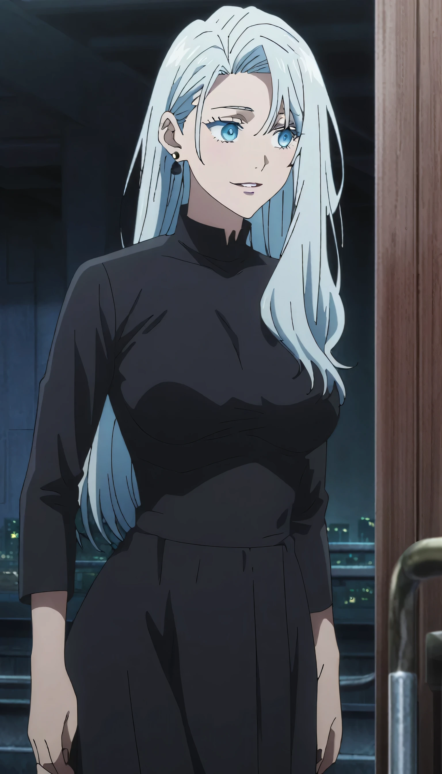1girl, female gojo satoru, anime screencap from jujutsu kaisen, gojo satoru female version, solo, long_hair, ((Blue eyes,)) ((Silver_hair, hair over ear from one side))((slicked hair)) , night view, (hanging breasts) upper_body, smile, indoors, parted lips, (long hair) ((wearing black dress)) , (Belly Button ) ((Middlebreasts)) , glossy)) breast, "very detailed and high resolution" ((solo)) (((front view))) (earings) ((high resolution)) ((good quality)) ((silky hair, hair over ear from one side))((hair slicked)) ((parted lips)) ((full body))