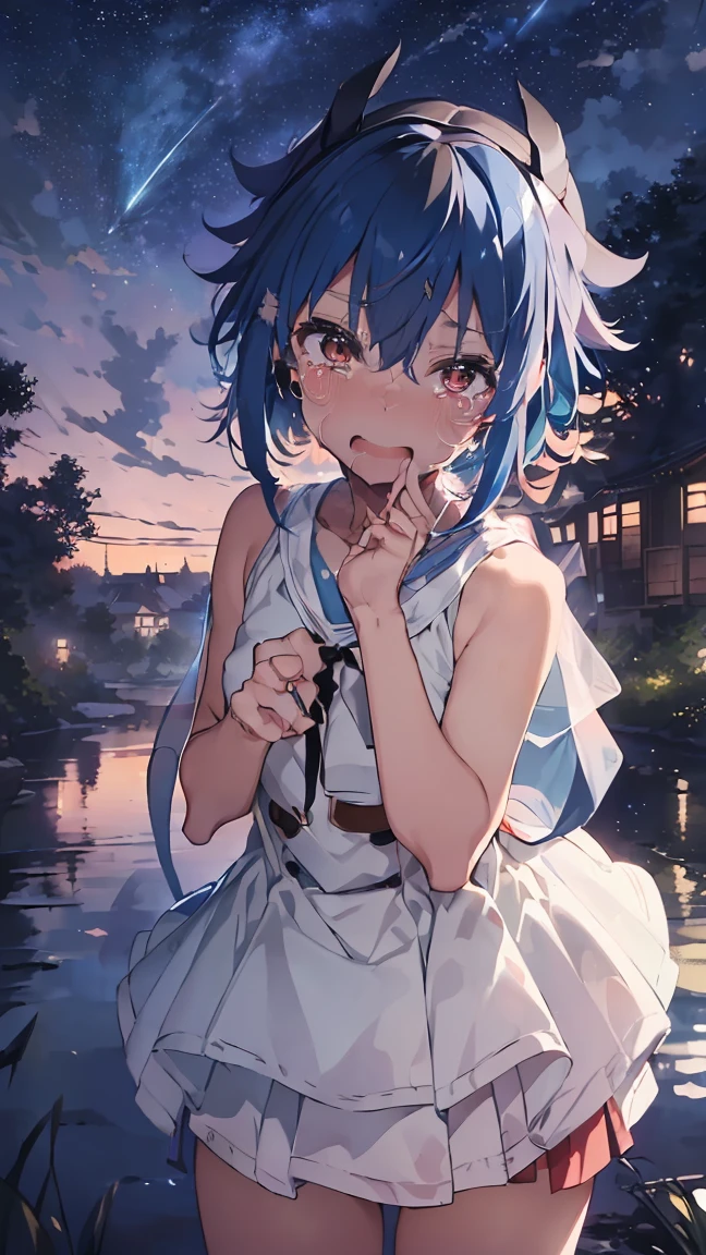 masterpiece, Highest quality, High resolution, Very detailed,(((Mikoto Naruka))), (((Blue light)))、(((Crying out loud。)))、(((Standing in the distance))), (((Facing forward。))), (((Crying with mouth open。))), night, (((Against the background of the starry sky))), (((comet))), (((smile)))